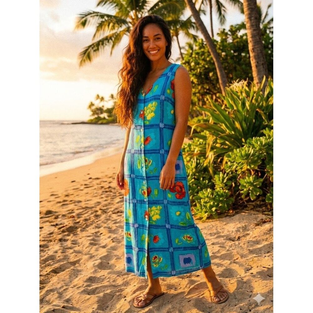 Vtg 90s Jams World Blue Floral Sleeveless Maxi Dress Button Down Size Large
